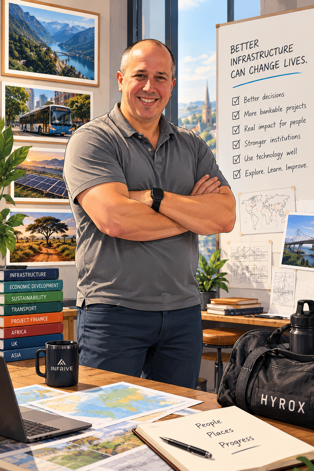 Illustration of Infrive founder Tom Hamlyn Williams standing in an infrastructure-themed workspace